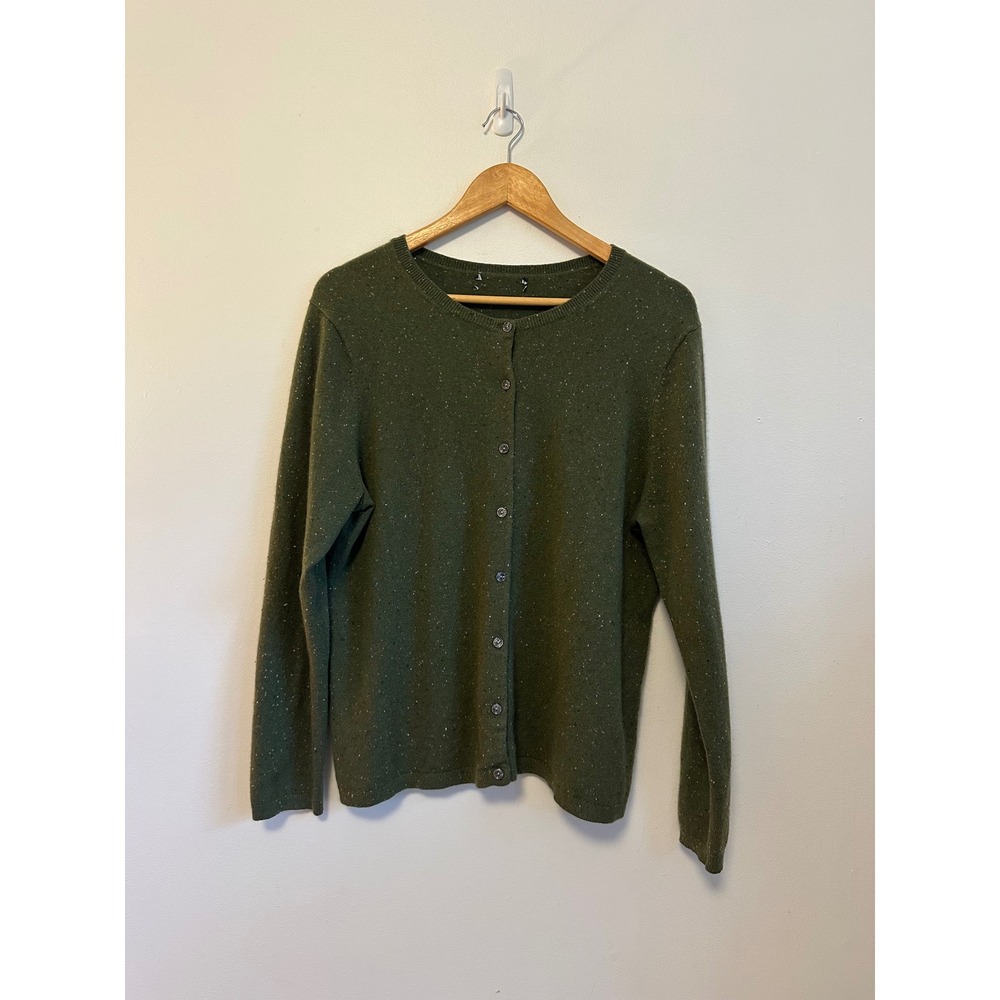 Olive Green 100% Cashmere Flecked Donegal Button Front Cardigan Sweater